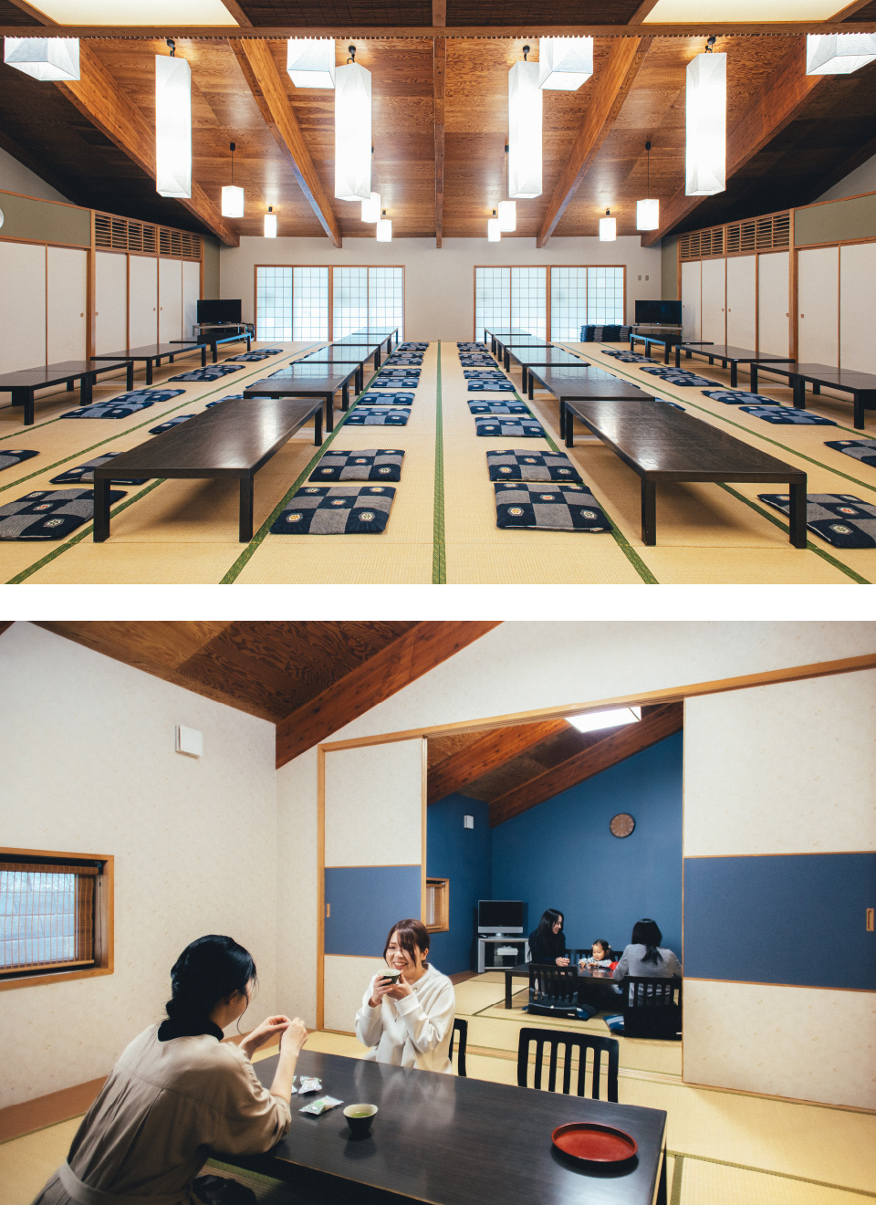 机と座布団が並ぶ大部屋の休憩室と襖で仕切ることができる個室