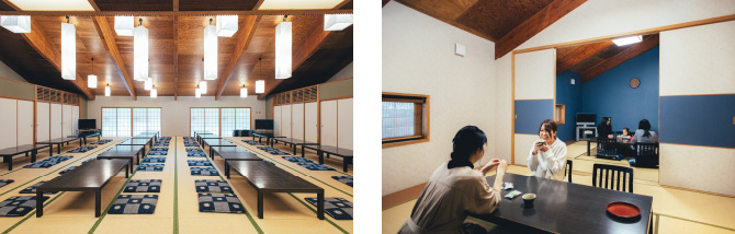 机と座布団が並ぶ大部屋の休憩室と襖で仕切ることができる個室